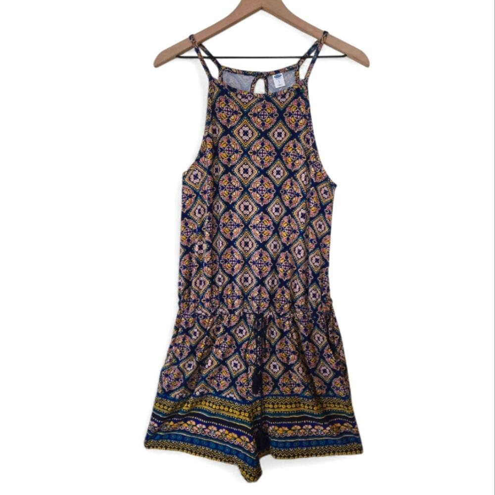 Old Navy Halter Romper Size Small Boho Print Stretchy Blue Yellow Pink